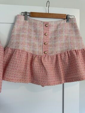 Amanda Uprichard Pink Tweed Mini Skirt with Ruffle Hem